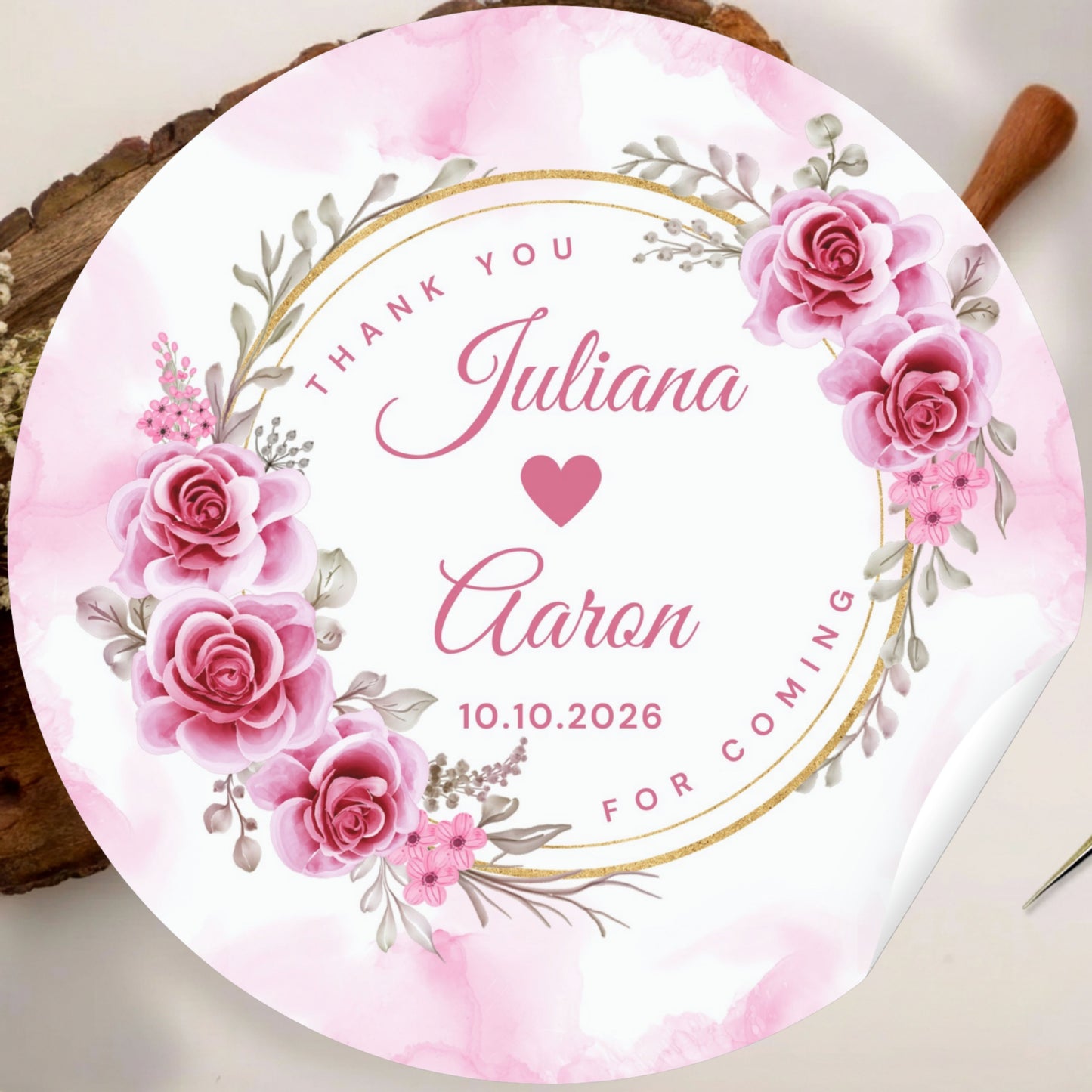Pink Floral Wedding Thank You Stickers – Custom Name & Date Labels