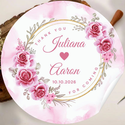 Pink Floral Wedding Thank You Stickers – Custom Name & Date Labels