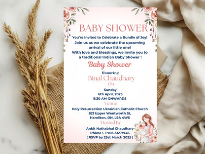 Simple Floral Baby Shower Invitation – Minimal Elegant Baby Shower Card – Printable Template