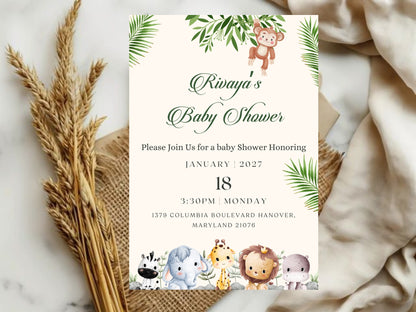 Cute Elegant Jungle Baby Shower Invitation – Safari Theme Baby Shower Card – Printable Template