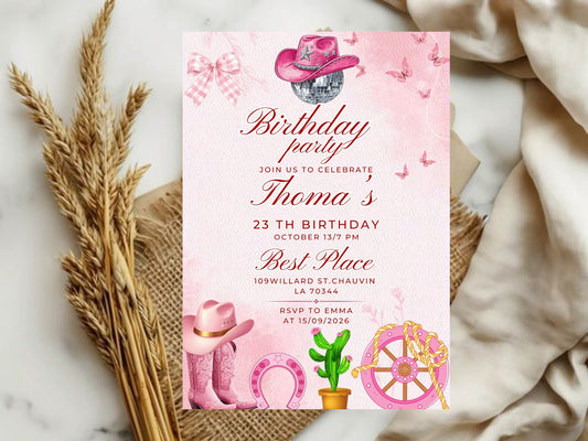 Pink Birthday Party Theme Invitation Card – Cute & Elegant Celebration Invite