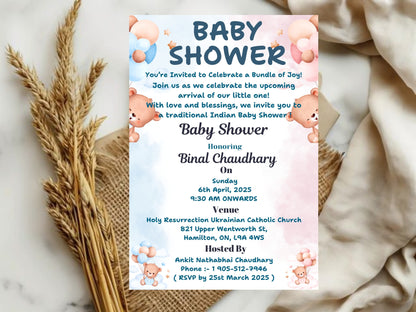 Baby Bear Theme Baby Shower Invitation – Cute Teddy Bear Baby Shower Card – Printable Template