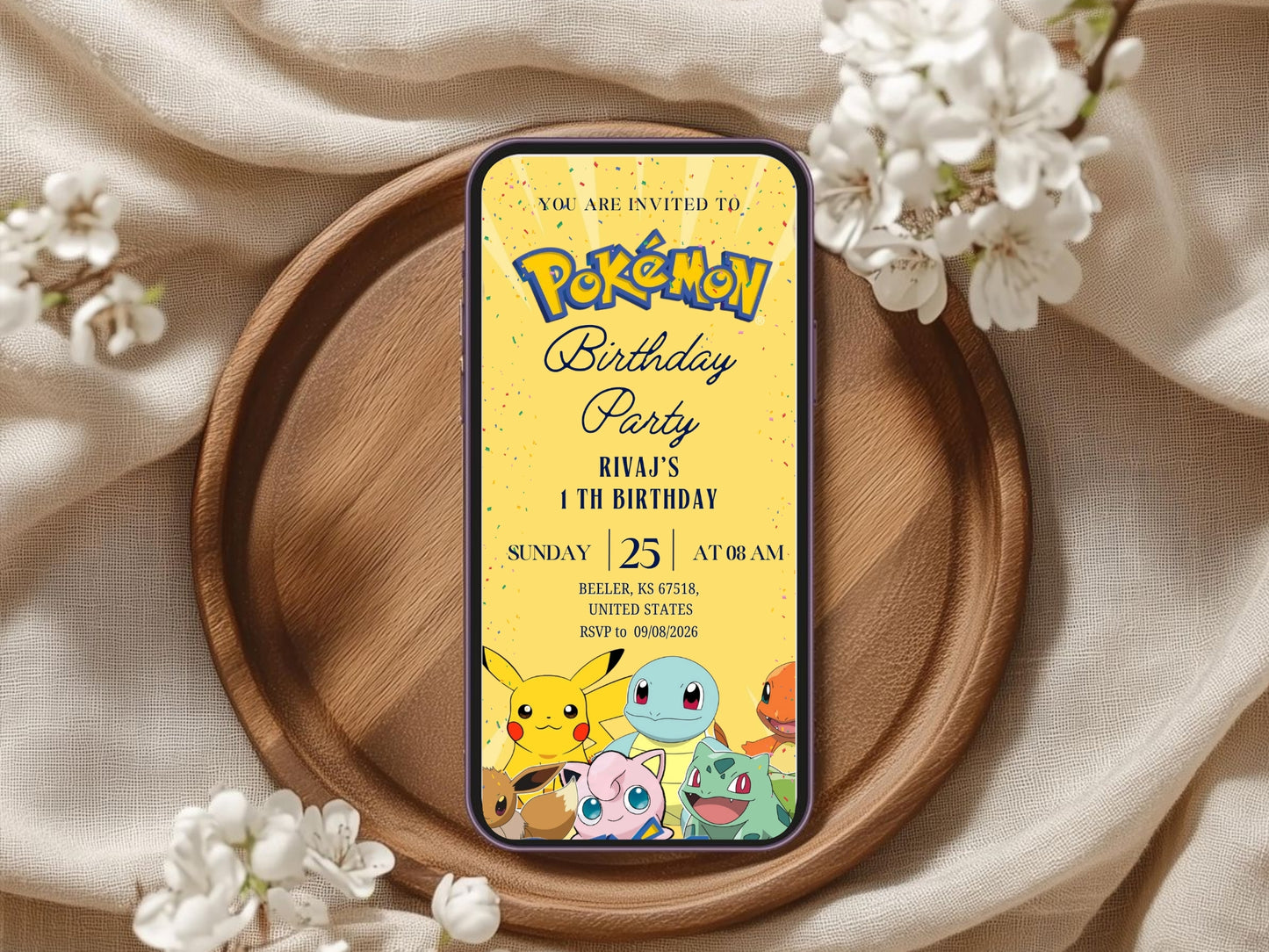 Pokémon Theme Birthday Invitation Card - Kids Cartoon Birthday Party Invite