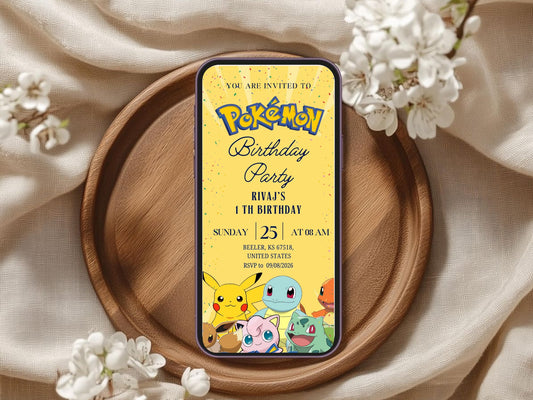 Pokémon Theme Birthday Invitation Card - Kids Cartoon Birthday Party Invite