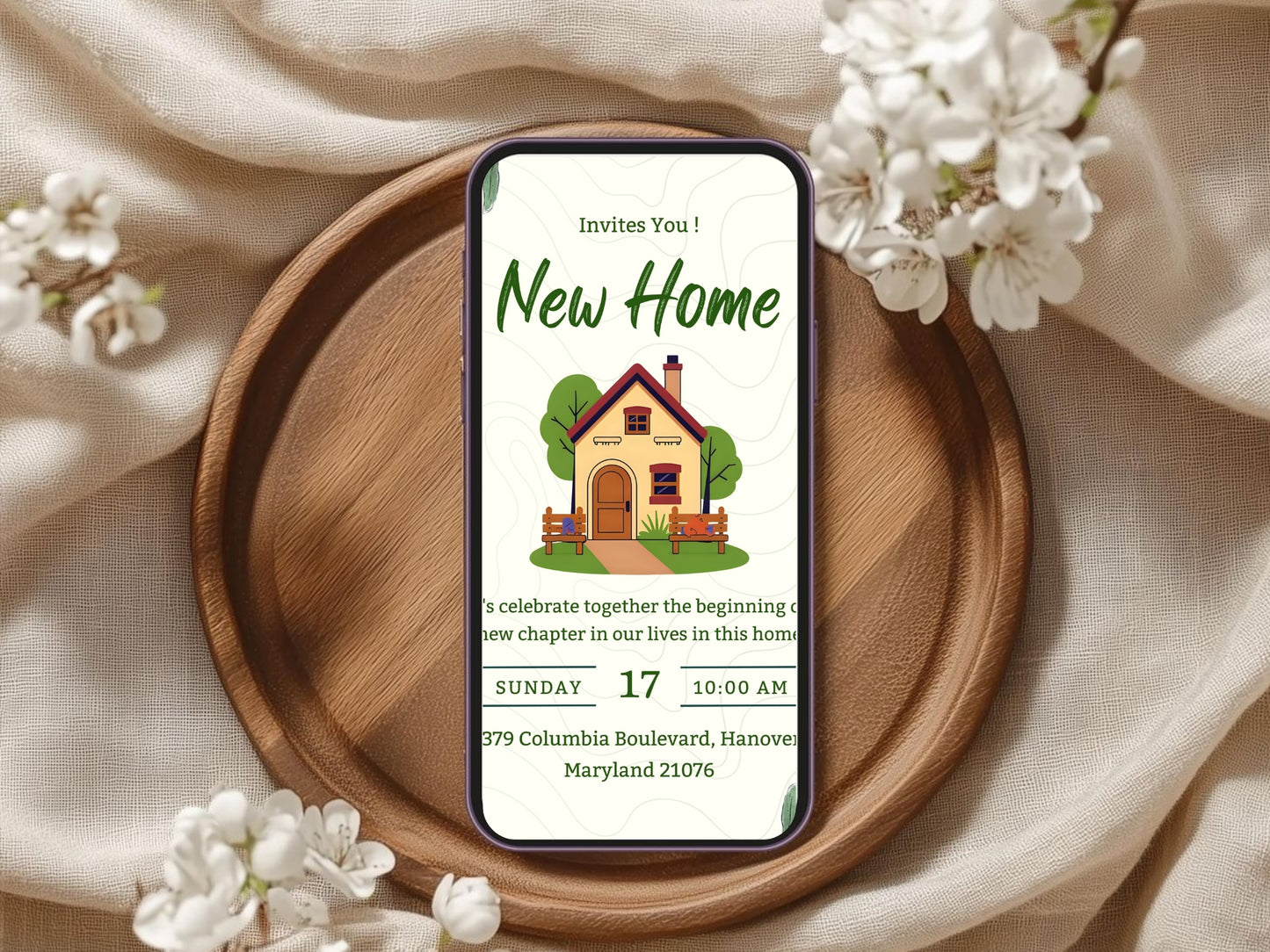 Floral Leaf Housewarming Card – Elegant Greenery New Home Invitation – Printable Template