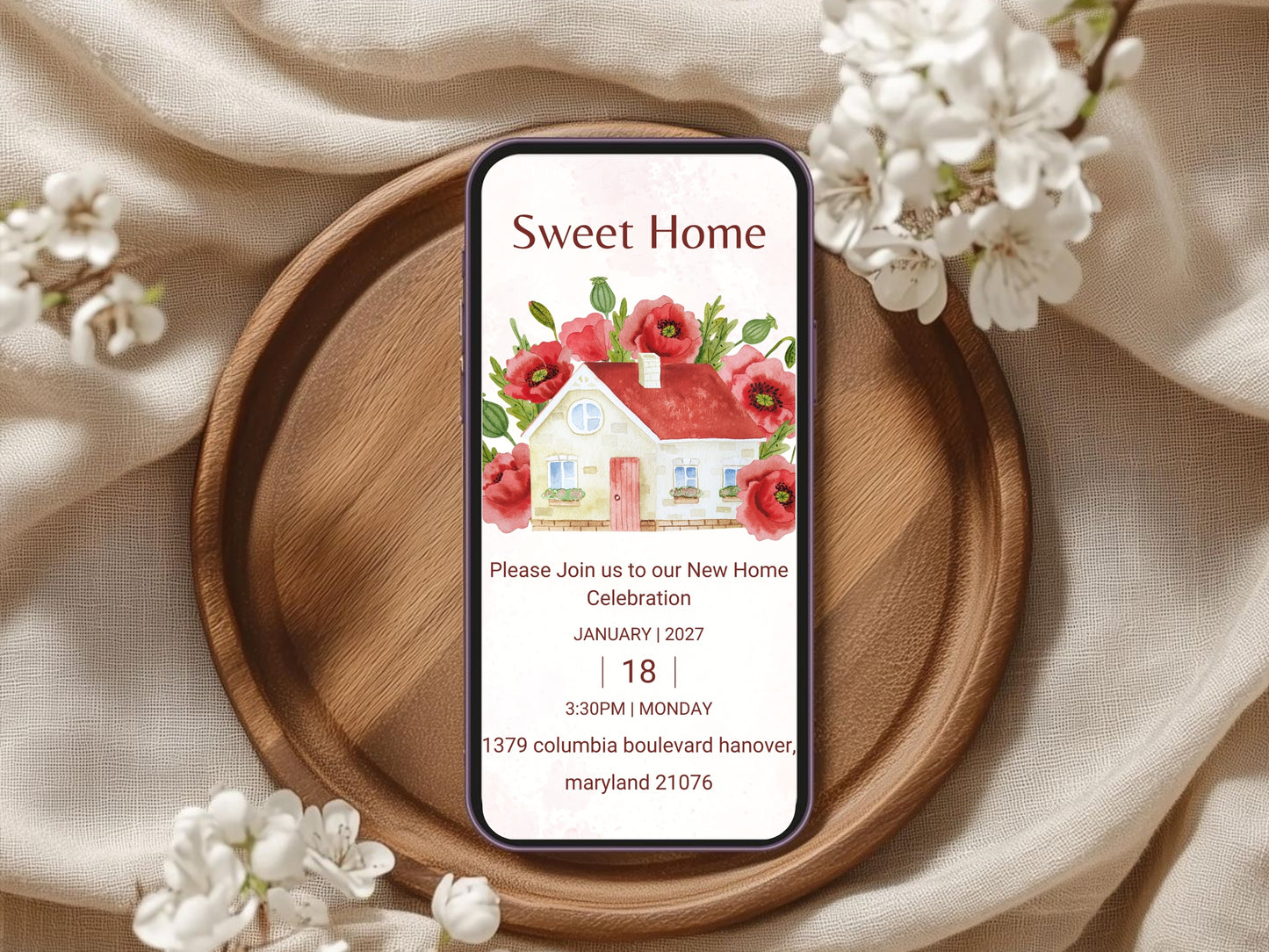 Elegant Red Flower New Home Card – Sophisticated Housewarming Invitation – Instant Download