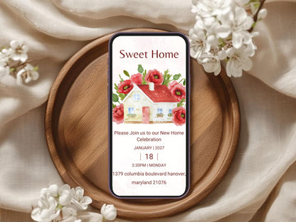 Elegant Red Flower New Home Card – Sophisticated Housewarming Invitation – Instant Download
