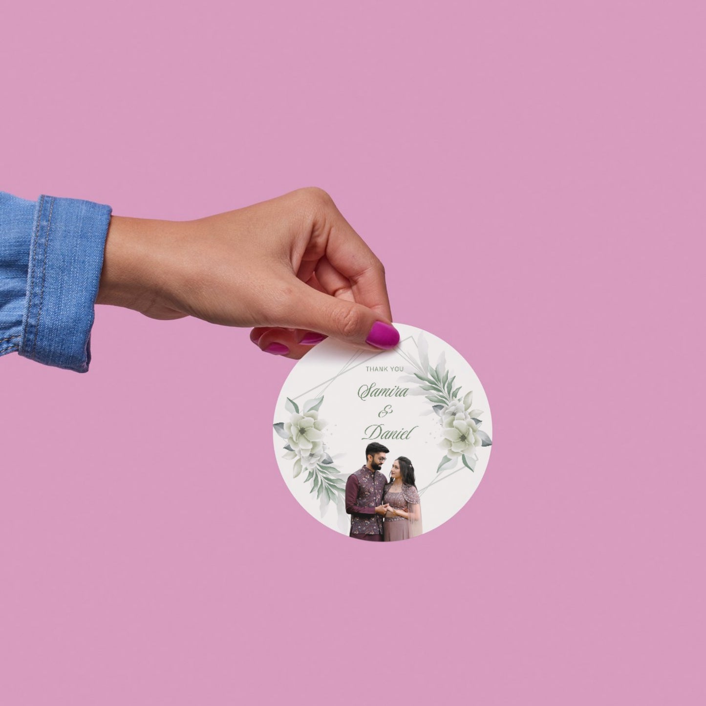 Green Floral Wedding Thank You Stickers – Custom Name & Date Labels