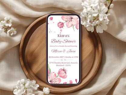 Pink Floral Baby Shower Invitation – Cute Elegant Flower Theme Invite – Printable Template