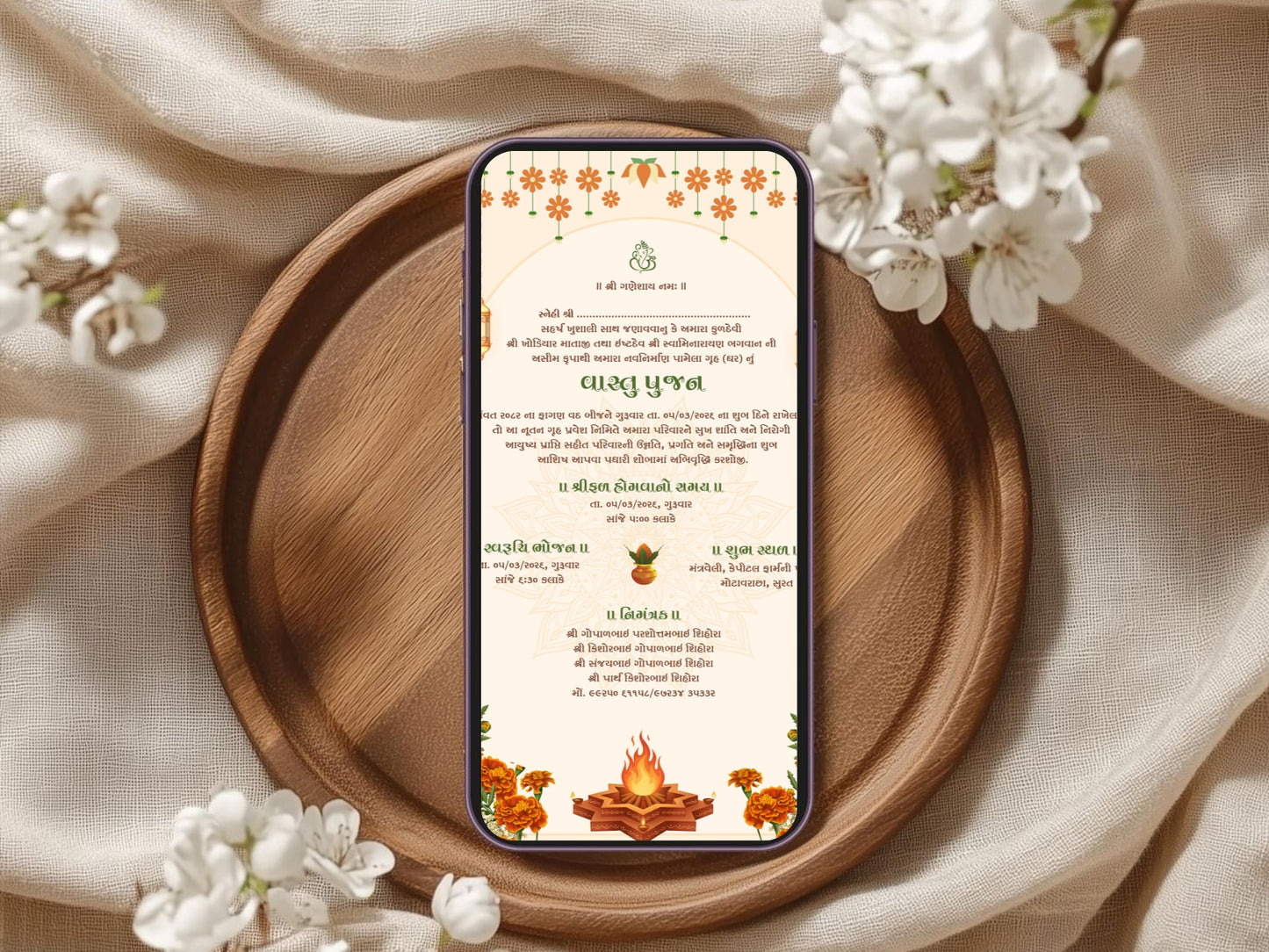 Traditional Floral Mandala Theme Vastu Pujan Invitation Card | Elegant Griha Pravesh Digital Invite
