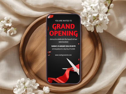 Dark Theme Grand Opening Card Template | Modern Black Elegant Business Launch Invitation | Printable & Editable Design