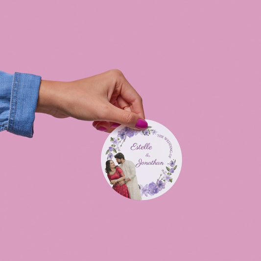 Purple Floral Wedding Thank You Stickers – Custom Name & Date Labels