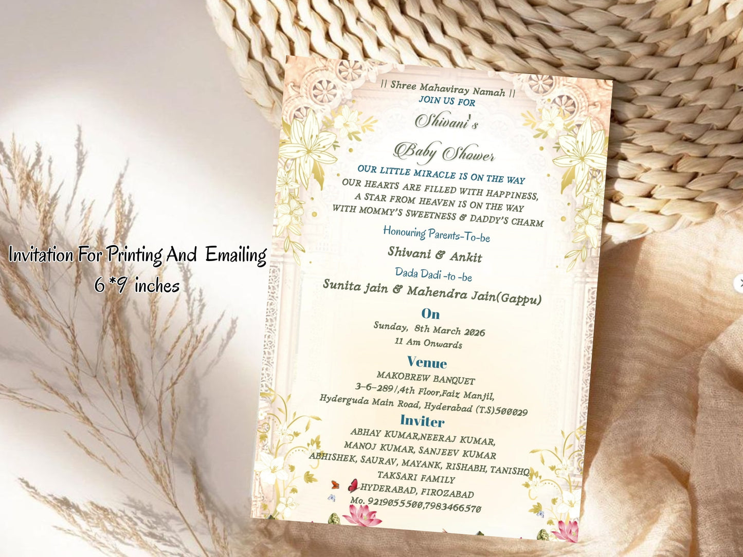 Royal Theme Floral Baby Shower Card Design | Elegant & Luxurious Invite