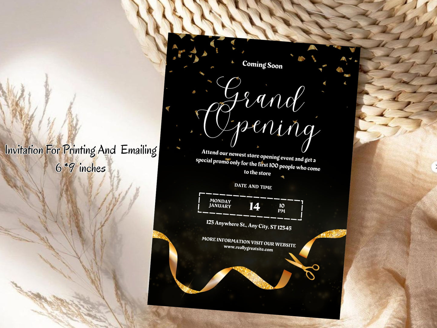 Dark Elegant Grand Opening Card Template | Luxury Black & Gold Business Launch Invitation | Printable & Editable Design