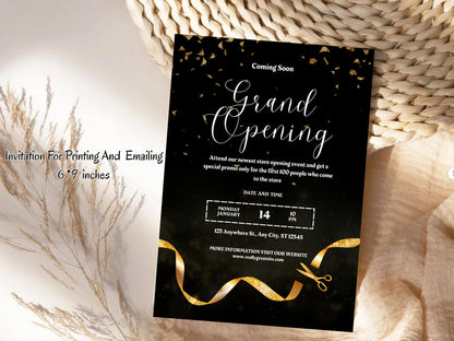 Dark Elegant Grand Opening Card Template | Luxury Black & Gold Business Launch Invitation | Printable & Editable Design