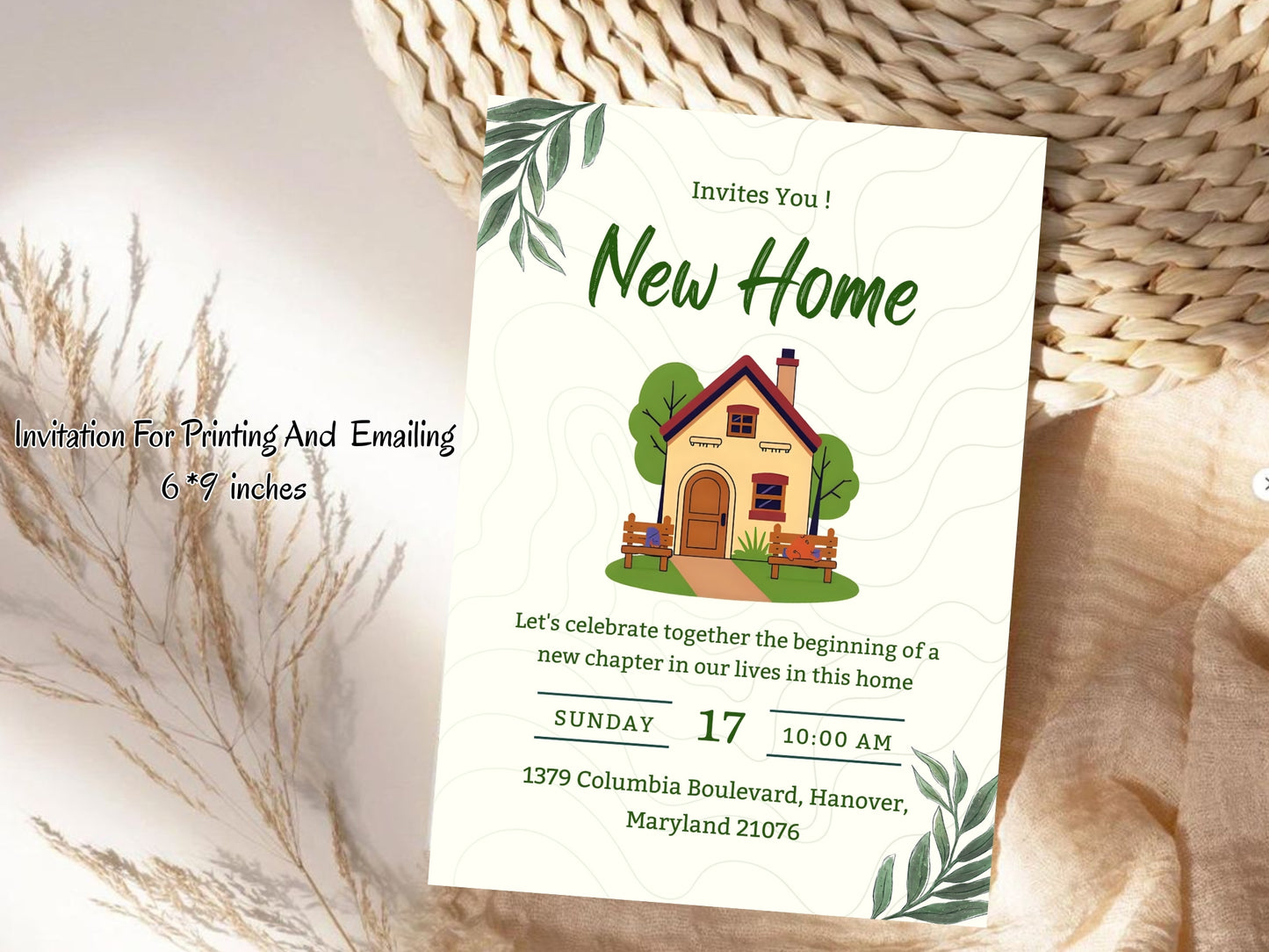 Floral Leaf Housewarming Card – Elegant Greenery New Home Invitation – Printable Template