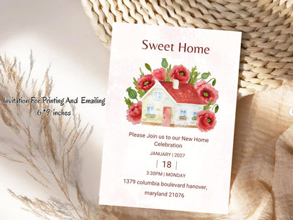 Elegant Red Flower New Home Card – Sophisticated Housewarming Invitation – Instant Download