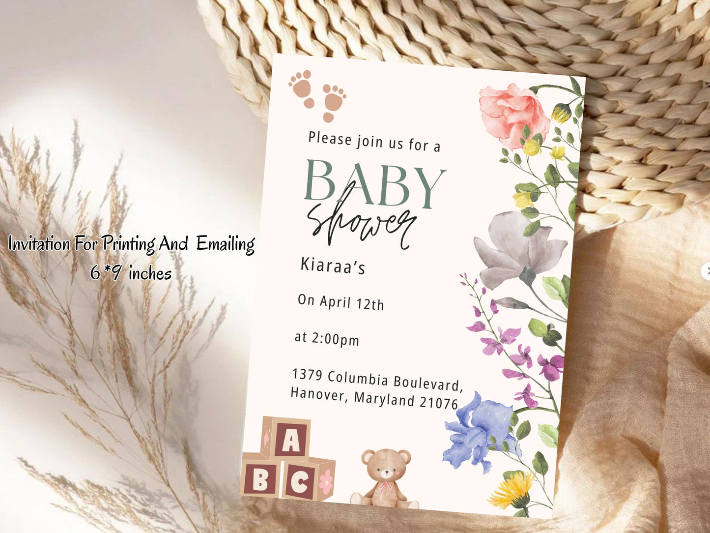 Cute & Minimal Floral Baby Shower Invitation Template | Editable Elegant Baby Shower Invite | Instant Download Printable Card