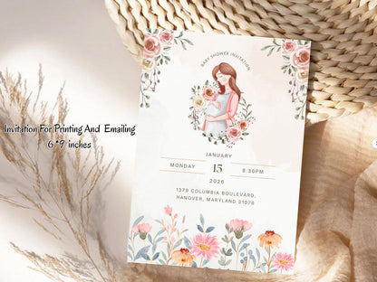 Minimal Floral Baby Shower Invitation Card Template | Editable Elegant Baby Shower Invite | Instant Download Printable