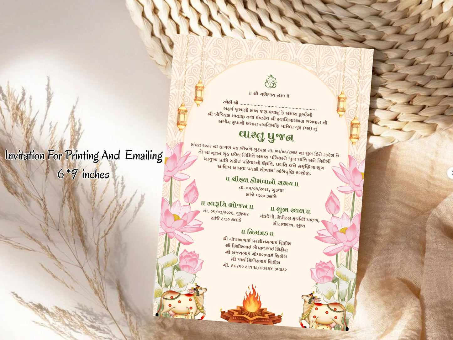 Lotus Theme Vastu Pujan Invitation Card | Elegant Griha Pravesh Digital Invite