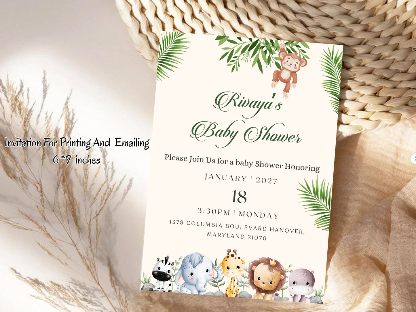 Cute Elegant Jungle Baby Shower Invitation – Safari Theme Baby Shower Card – Printable Template