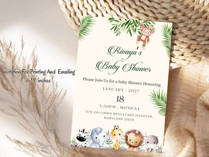 Cute Elegant Jungle Baby Shower Invitation – Safari Theme Baby Shower Card – Printable Template