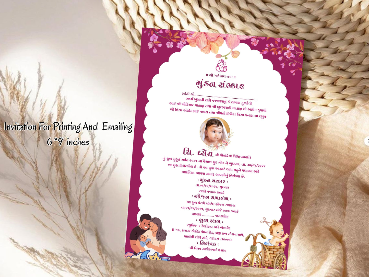 Beautiful Floral Theme Mundan Sanskar Invitation Card – First Haircut Ceremony Invite