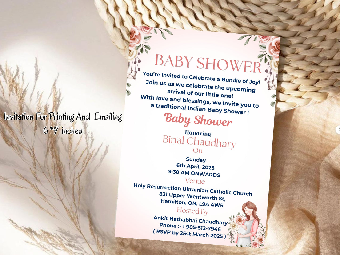 Simple Floral Baby Shower Invitation – Minimal Elegant Baby Shower Card – Printable Template