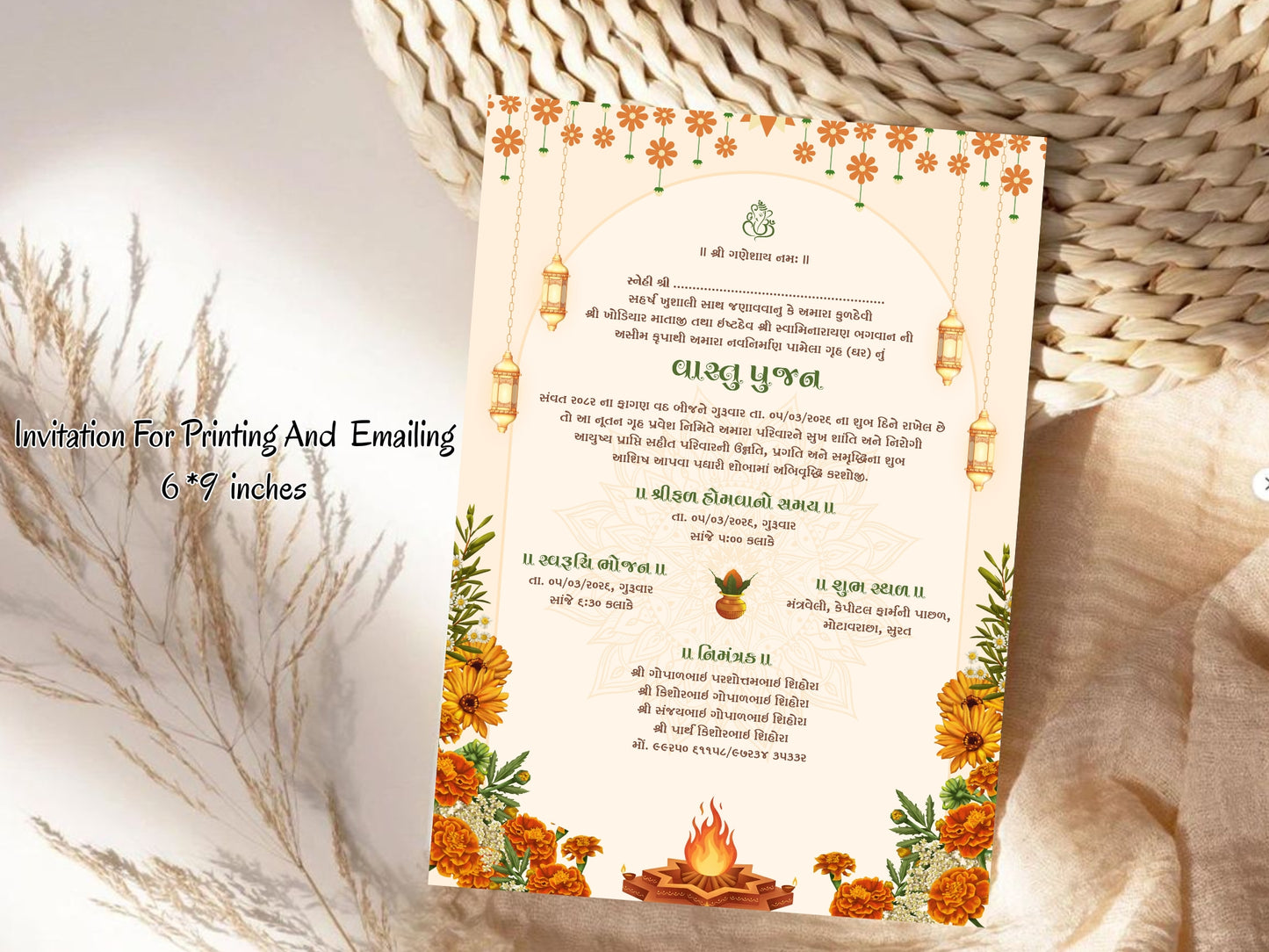 Traditional Floral Mandala Theme Vastu Pujan Invitation Card | Elegant Griha Pravesh Digital Invite