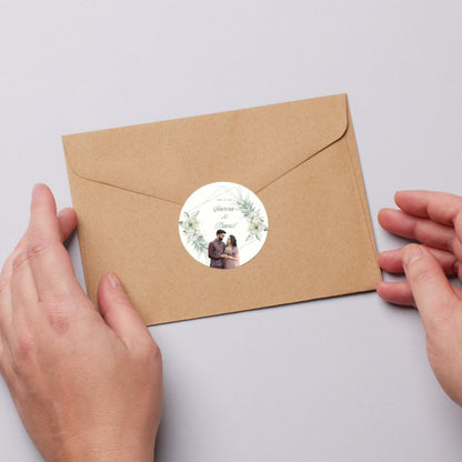 Green Floral Wedding Thank You Stickers – Custom Name & Date Labels