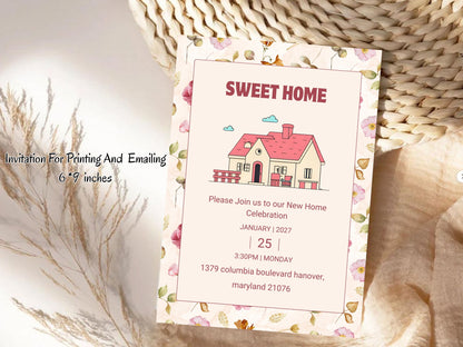 Cute Floral Housewarming Card – Sweet New Home Invitation – Printable Template