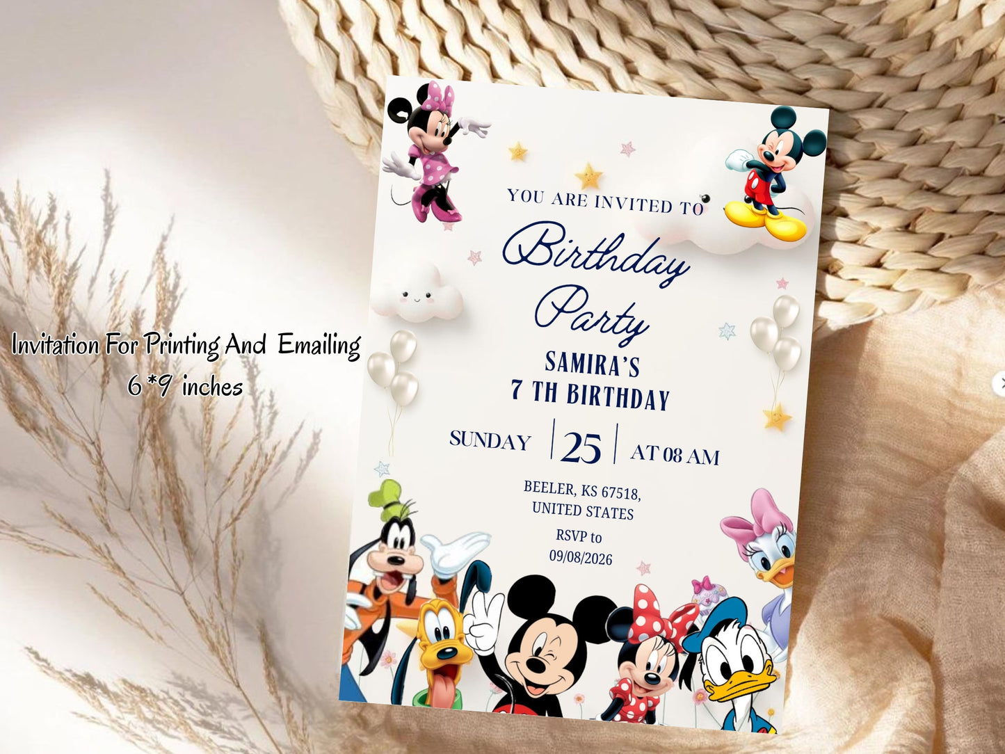 Mickey Mouse Birthday Invitation Card - Kids Cartoon Theme Party Invitation