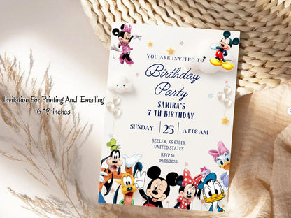 Mickey Mouse Birthday Invitation Card - Kids Cartoon Theme Party Invitation
