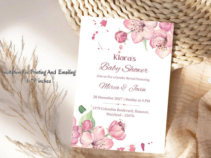 Pink Floral Baby Shower Invitation – Cute Elegant Flower Theme Invite – Printable Template
