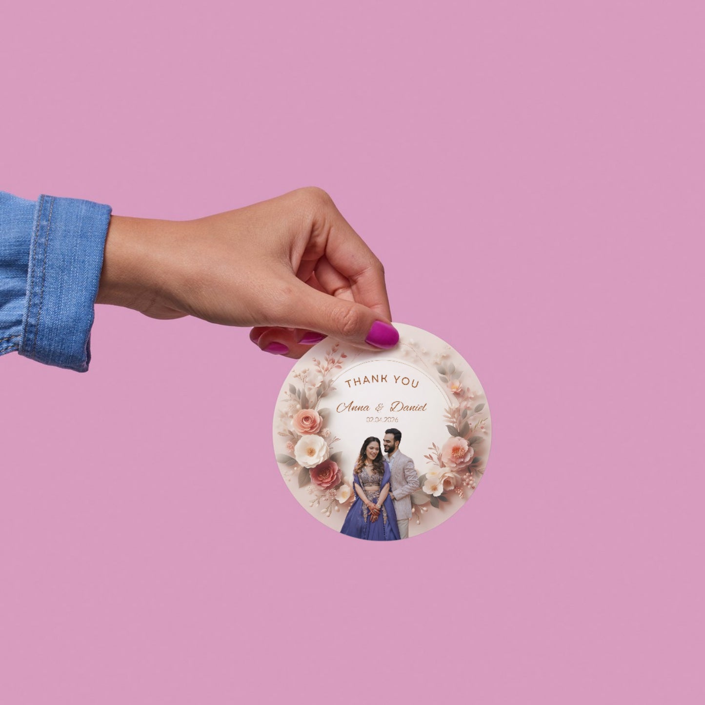 Golden Floral Wedding Thank You Stickers – Custom Name & Date Labels