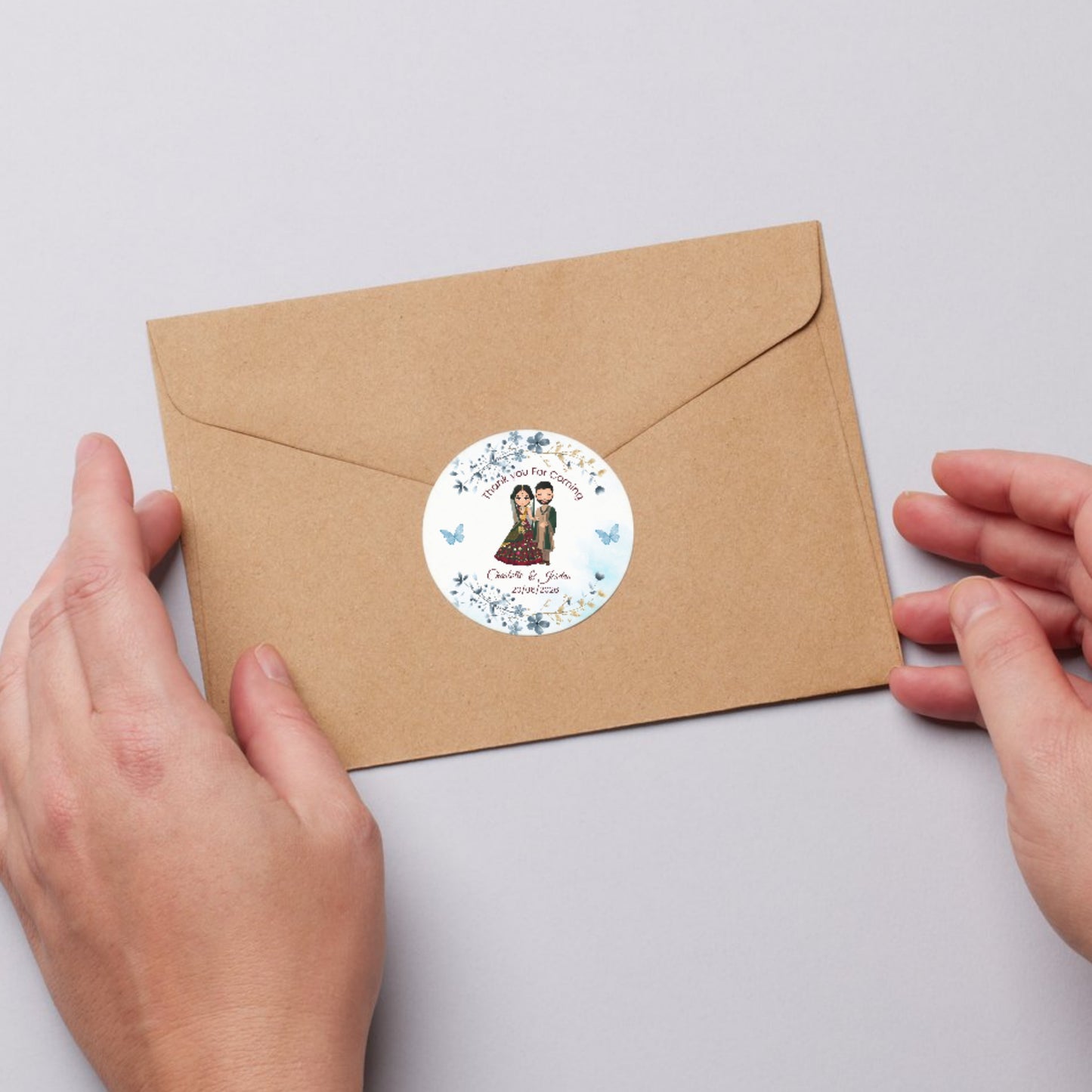 Blue Floral Wedding Thank You Stickers – Custom Name & Date Labels