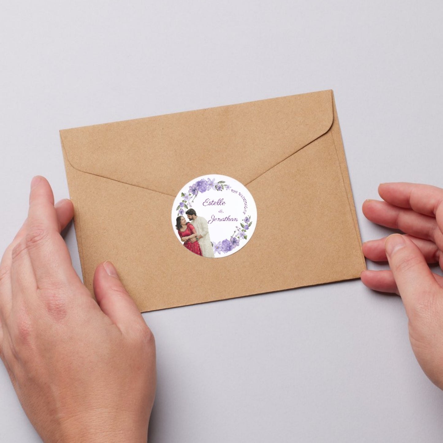 Purple Floral Wedding Thank You Stickers – Custom Name & Date Labels