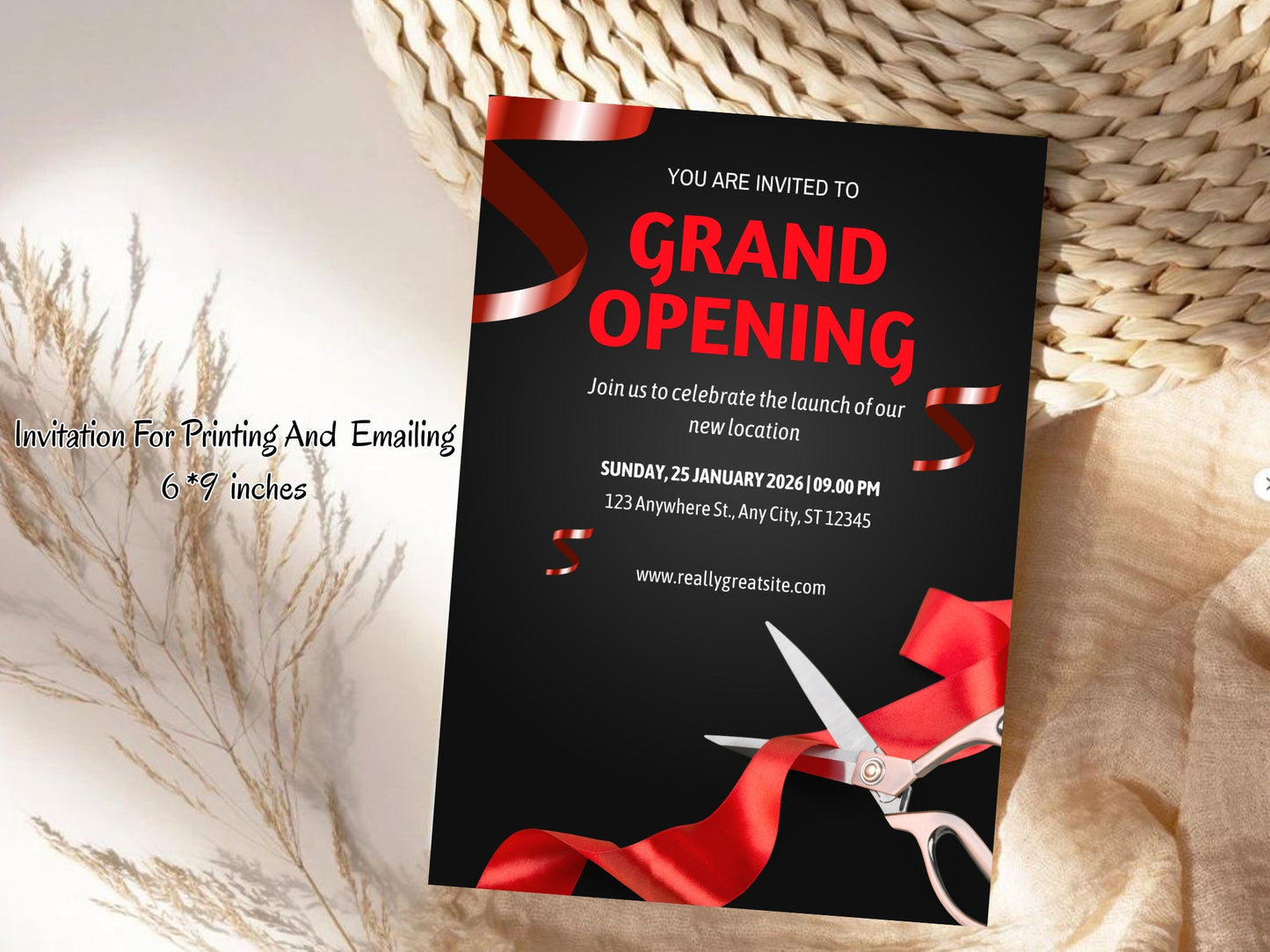 Dark Theme Grand Opening Card Template | Modern Black Elegant Business Launch Invitation | Printable & Editable Design