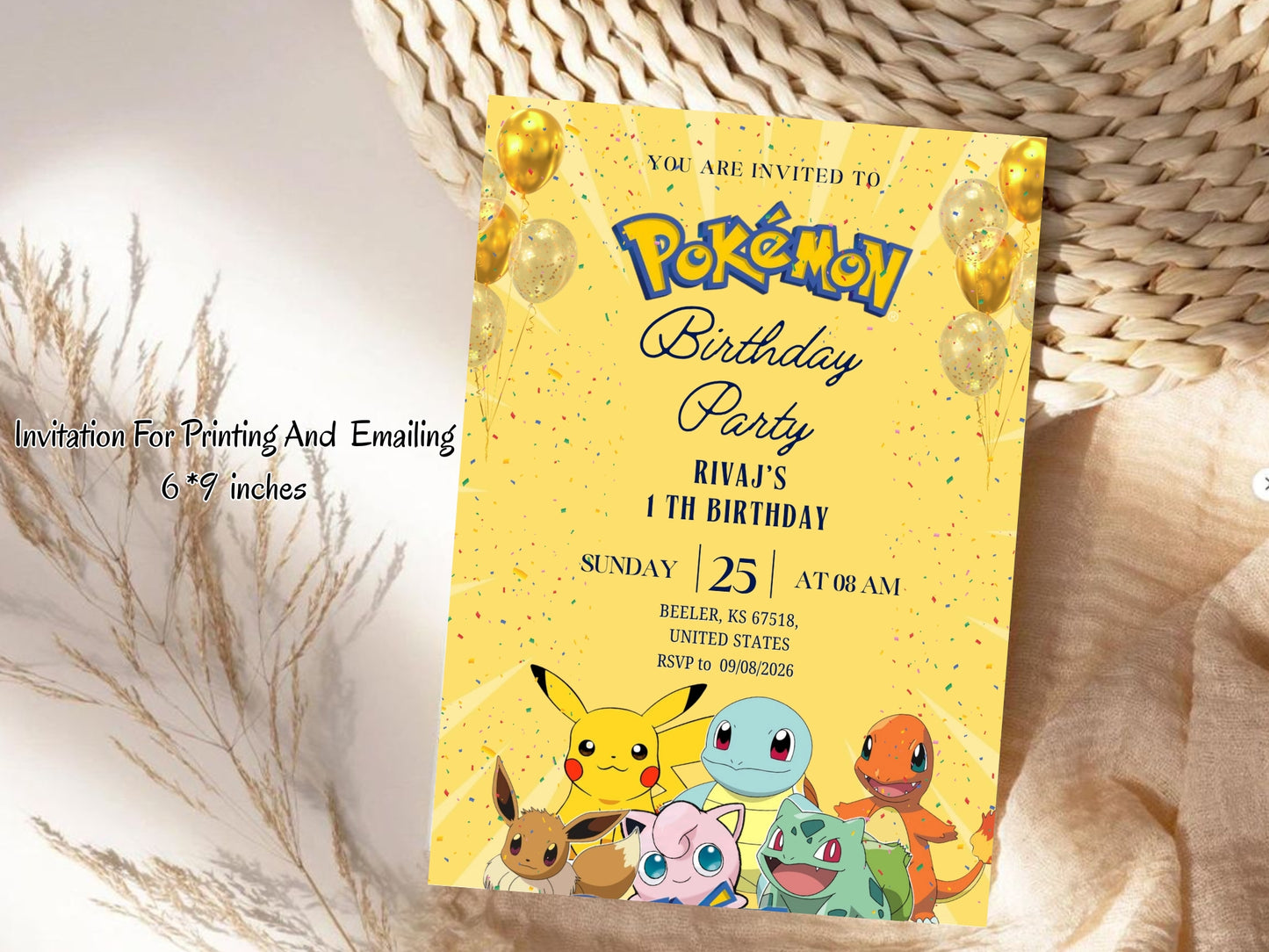 Pokémon Theme Birthday Invitation Card - Kids Cartoon Birthday Party Invite