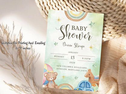 Watercolor Baby Shower Invitation Template | Elegant Editable Watercolor Invite | Instant Download Printable Card