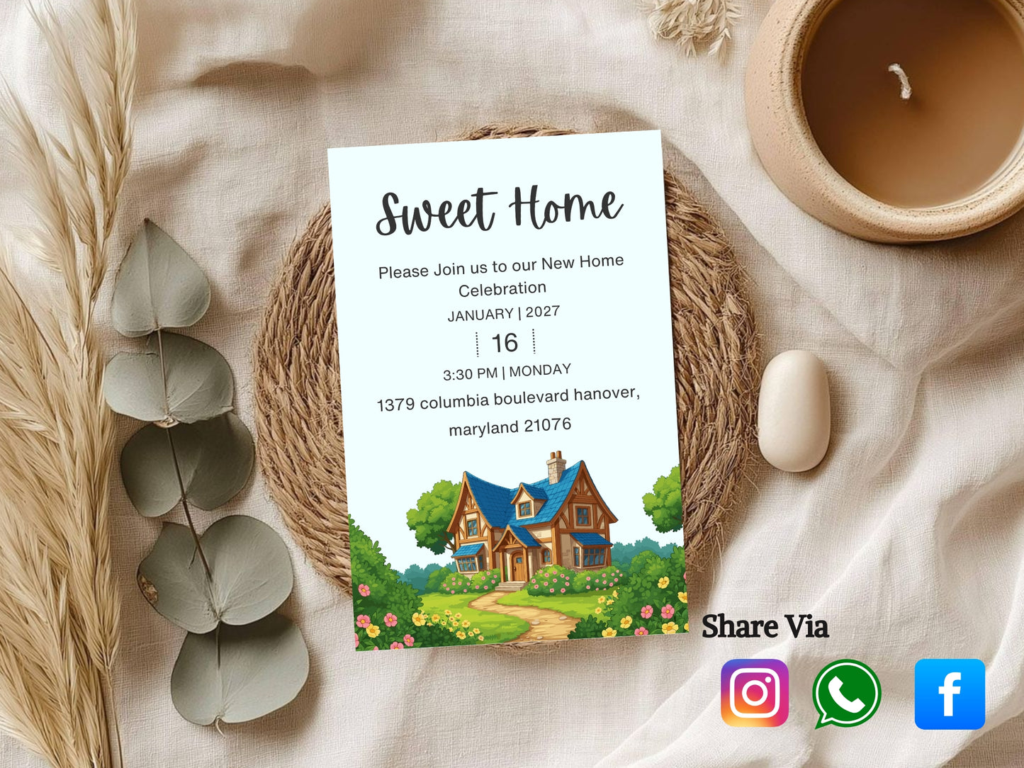 Nature Theme Housewarming Card – Botanical New Home Invitation – Printable Template
