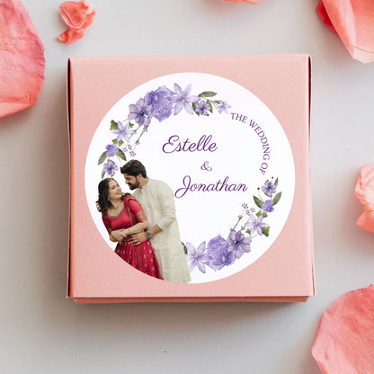 Purple Floral Wedding Thank You Stickers – Custom Name & Date Labels