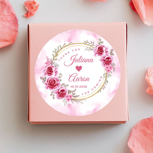 Pink Floral Wedding Thank You Stickers – Custom Name & Date Labels