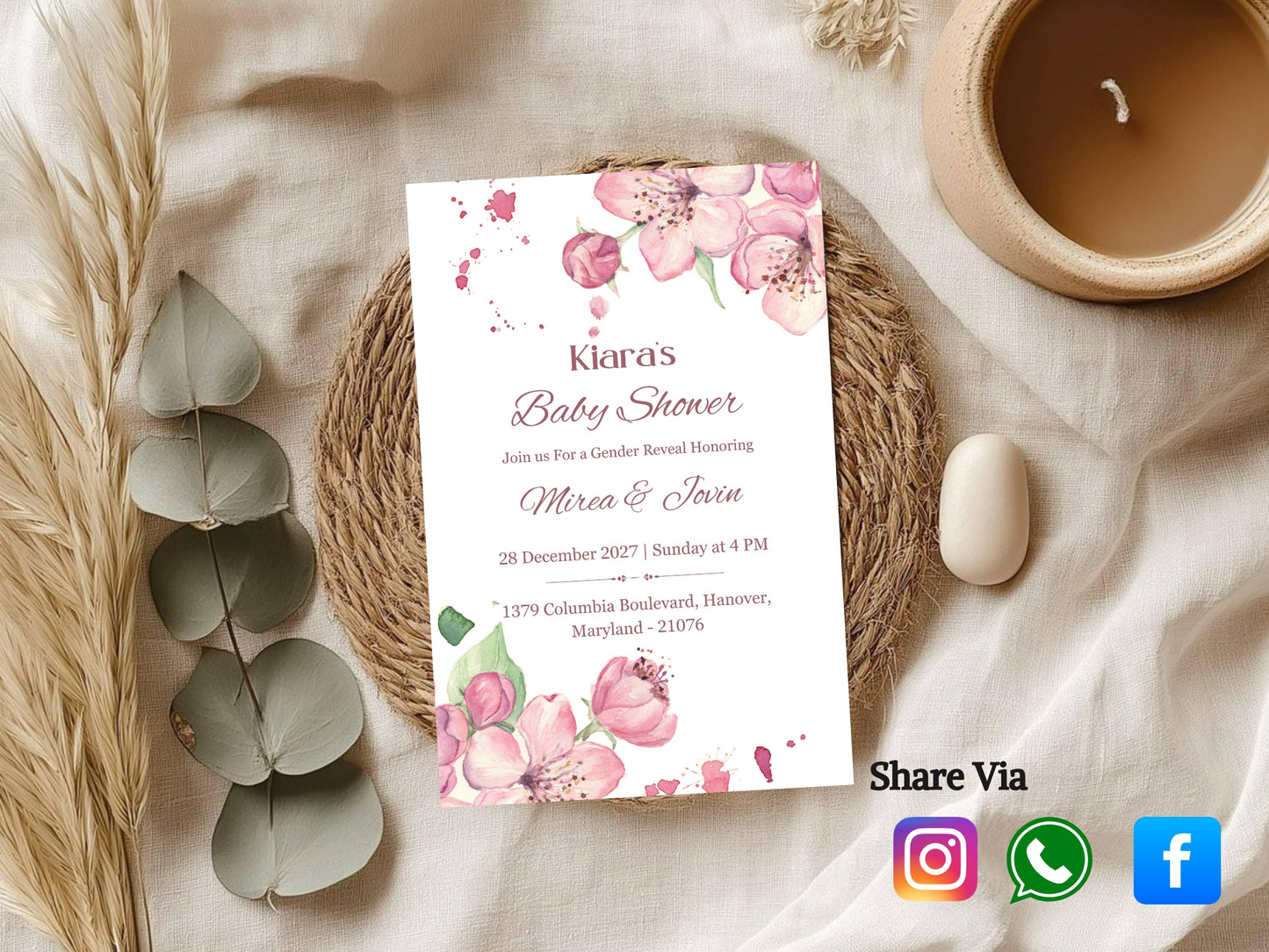 Pink Floral Baby Shower Invitation – Cute Elegant Flower Theme Invite – Printable Template