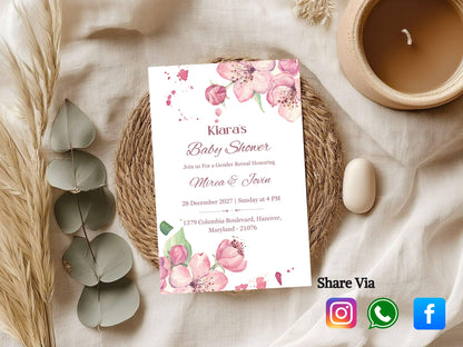 Pink Floral Baby Shower Invitation – Cute Elegant Flower Theme Invite – Printable Template