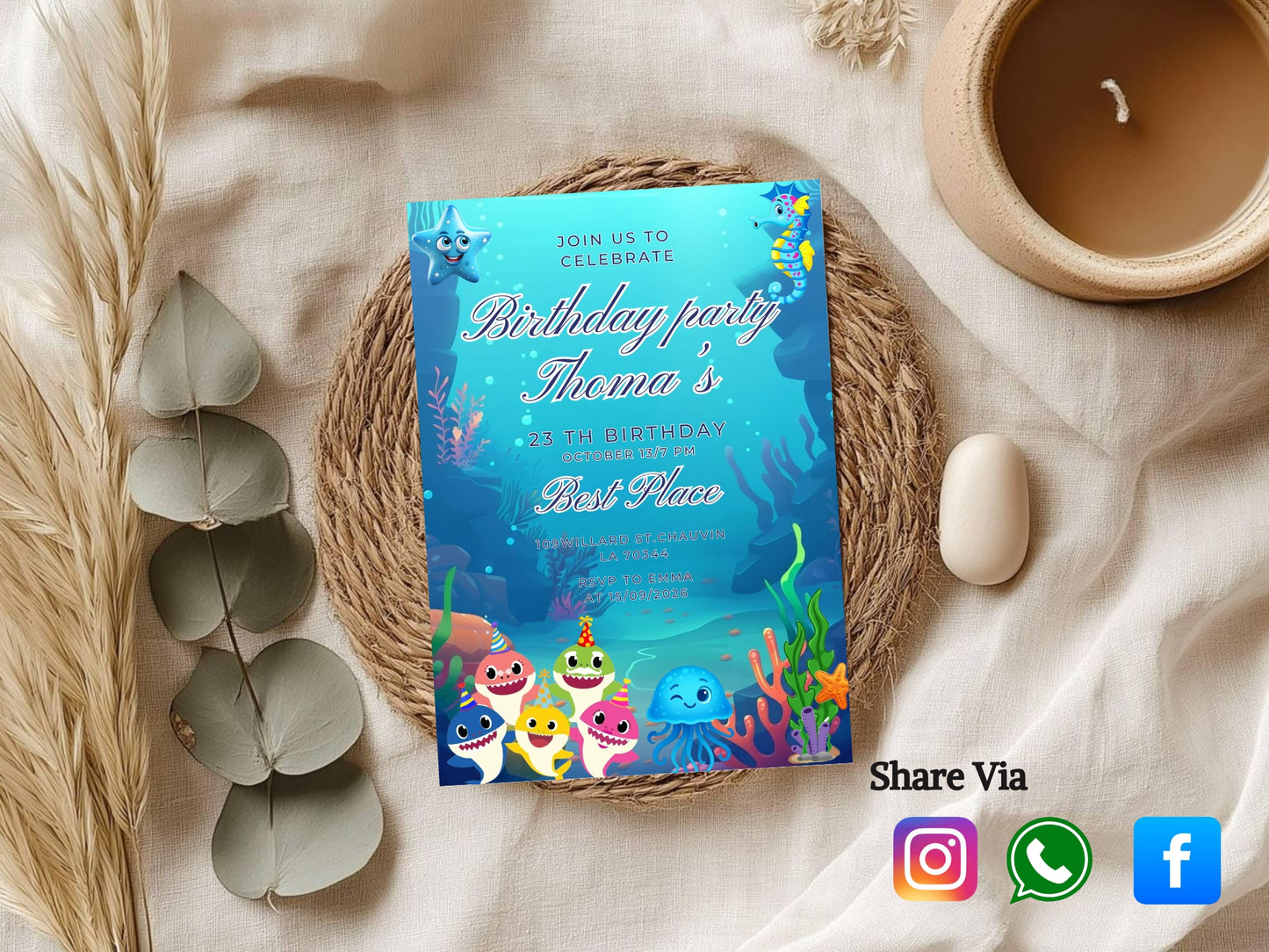 Underwater Theme Birthday Invitation - Ocean Party Kids Birthday Invite