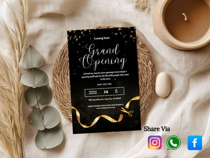 Dark Elegant Grand Opening Card Template | Luxury Black & Gold Business Launch Invitation | Printable & Editable Design