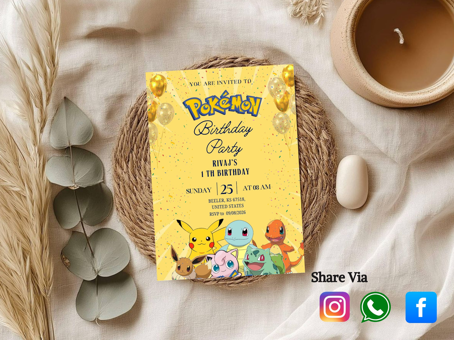 Pokémon Theme Birthday Invitation Card - Kids Cartoon Birthday Party Invite