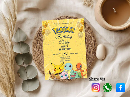 Pokémon Theme Birthday Invitation Card - Kids Cartoon Birthday Party Invite