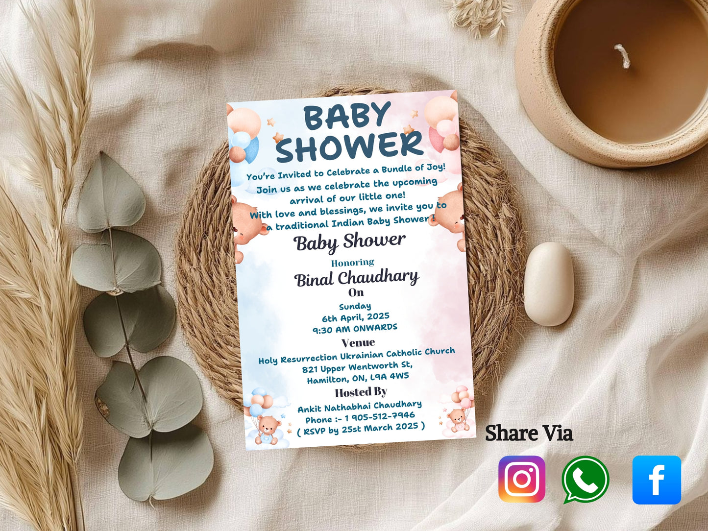 Baby Bear Theme Baby Shower Invitation – Cute Teddy Bear Baby Shower Card – Printable Template